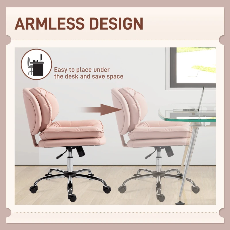 HOMCOM Armless office chair, Swivel Wide Office Chair with Leathaire Upholstery, Tilting, No Arm, Pink