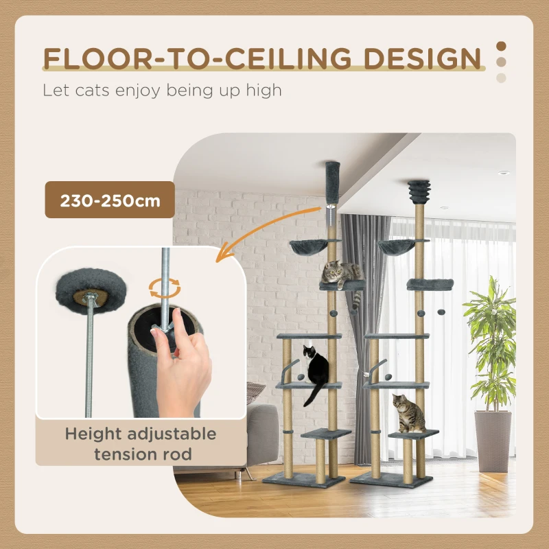 PawHut Floor to Ceiling Cat Tree, 90.5" - 98.5" Cat Tower with Scratching Post, Dangling Balls, Platforms, Bed, Hammock, Grey