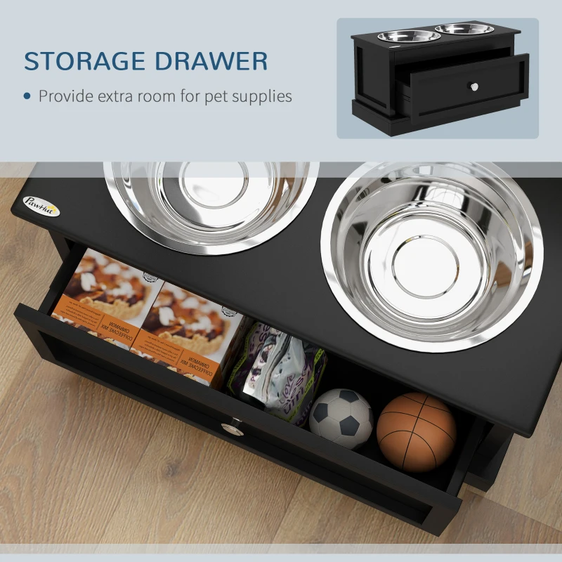 PawHut Elevated Dog Bowls with Storage Drawer, Raised Dog Bowl Stand Pet Food Bowl Dog Feeding Station, Black