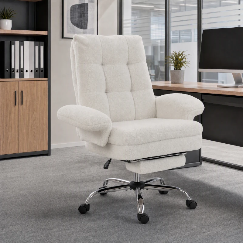 HOMCOM Office Chair, Teddy Fleece Executive Computer Desk Chair with Foldable Armrests, Wide Seat, Cream White