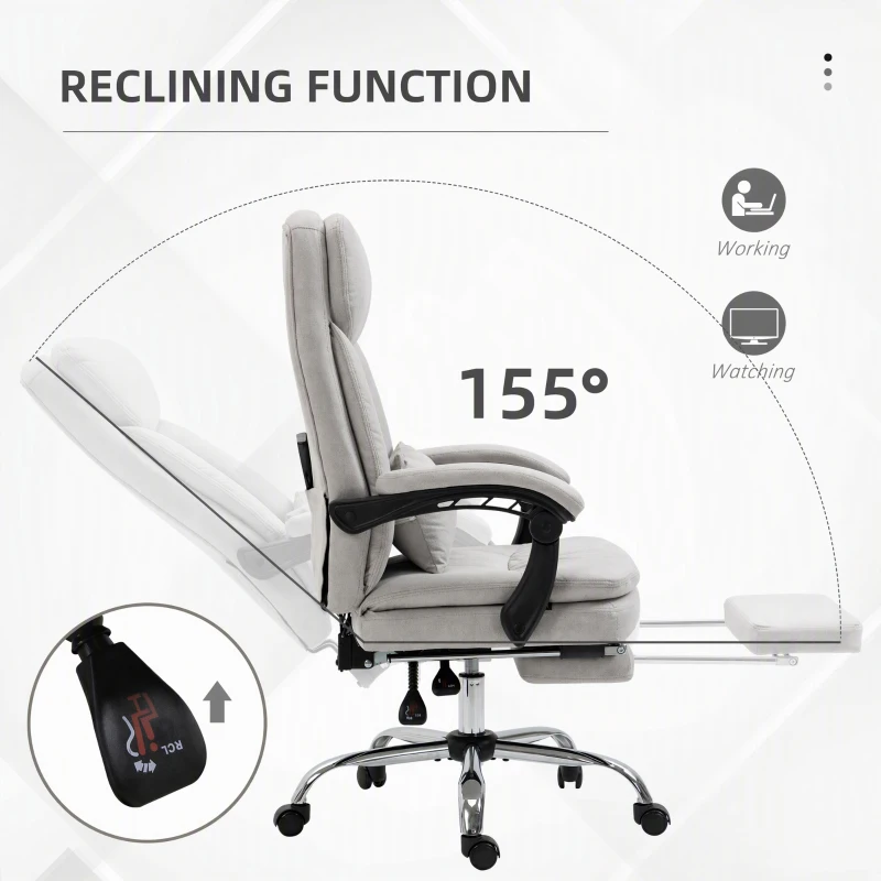 Vinsetto High Back Office Chair, Microfibre Computer Desk Chair with Lumbar Support Pillow, Foot Rest, Reclining Back, Arm, Light Grey