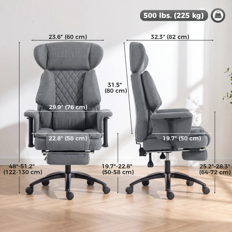 HOMCOM 495LBS Heavy Duty Office Chair with Footrest, Lumbar Support, Spring Cushion, Height Adjustable, Grey