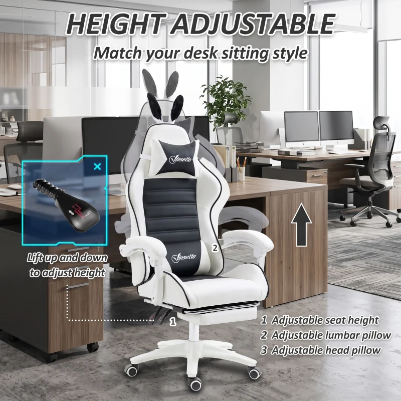 HOMCOM Cute Racing Gamer Chair, PU Leather Gaming Chair with Footrest, Headrest and Lumbar Support, Black