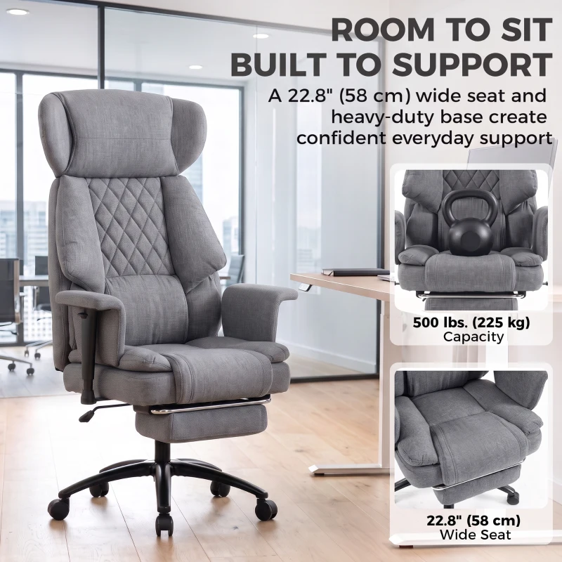 HOMCOM 495LBS Heavy Duty Office Chair with Footrest, Lumbar Support, Spring Cushion, Height Adjustable, Grey