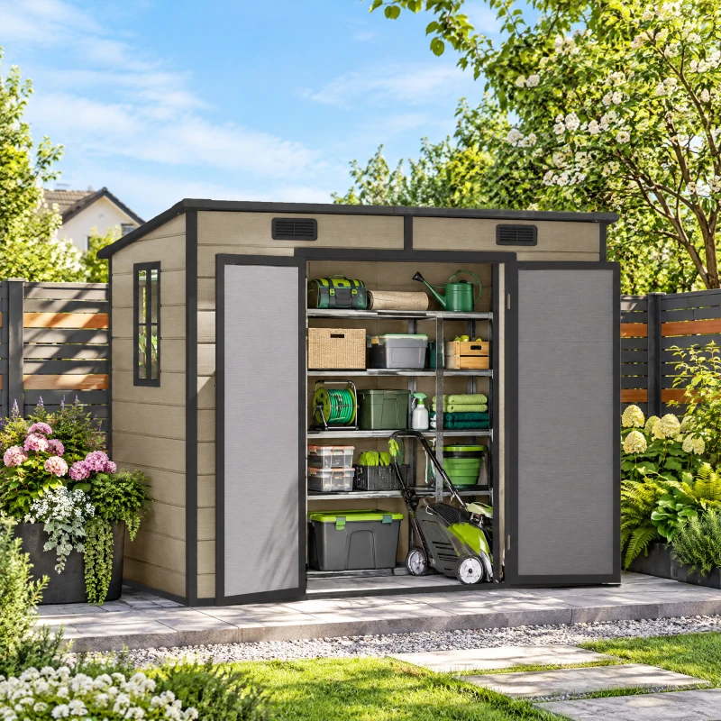Outsunny 8' x 4' Plastic Outdoor Storage Shed with Floor, Window, Lockable Doors and Vents for Backyard Patio Lawn, Light Brown