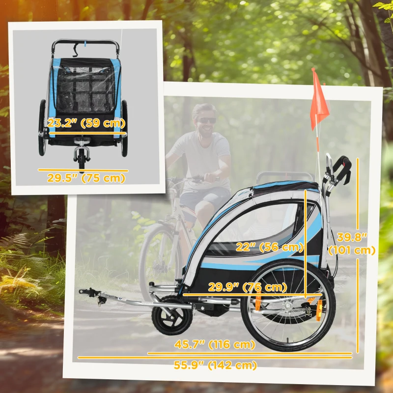 Aosom 2 Seat Bike Trailer for Kids 2-in-1 Double Baby Stroller with Handbrake, Rubber Wheels, 5 Point Harness, Blue