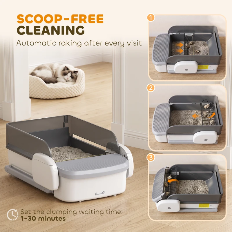 PawHut Self Cleaning Cat Litter Box, Automatic Litter Box with App Control, Open-Top, 10L Waste Bin, Gray