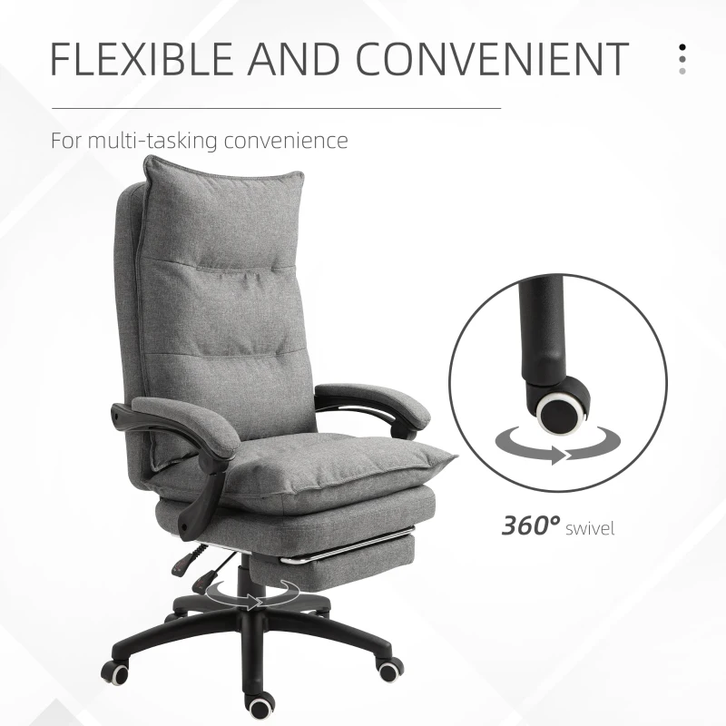 Vinsetto Office Chair 360° Swivel Adjustable Height Linen Style Fabric Recliner with Retractable Footrest and Double Padding, Grey