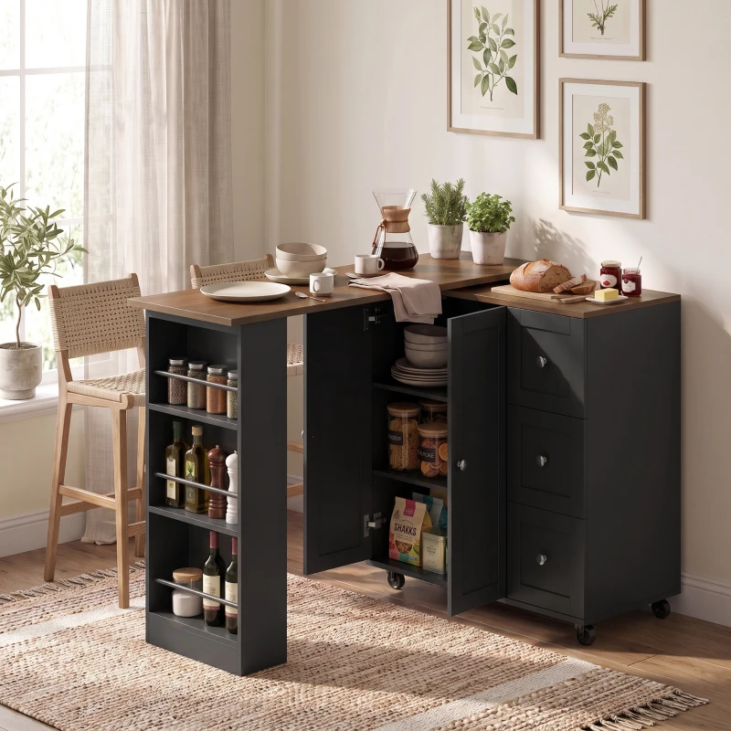 HOMCOM Bar Table with Storage Counter Height Table 3 Drawers Side Shelves, Walnut and Black