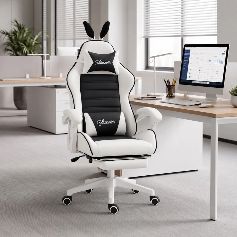 HOMCOM Cute Racing Gamer Chair, PU Leather Gaming Chair with Footrest, Headrest and Lumbar Support, Black