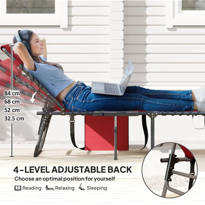 Outsunny Folding Lounge Chair, Outdoor Chaise Lounge Tanning Chair with Adjustable Back, Side Table, Headrest, Red