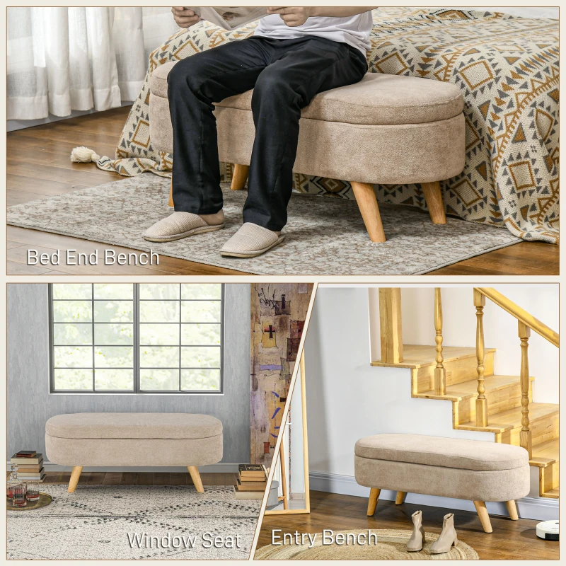 HOMCOM Storage Ottoman Bench, 43.3" Upholstered End of Bed Bench with Wood Legs, Modern Entryway Bench, Beige