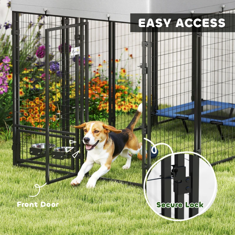 PawHut 8' x 4' x 6' Outdoor Dog Kennel, Dog Kennel Outside Run with 360° Rotating Bowls, Waterproof & UV Resistant Cover