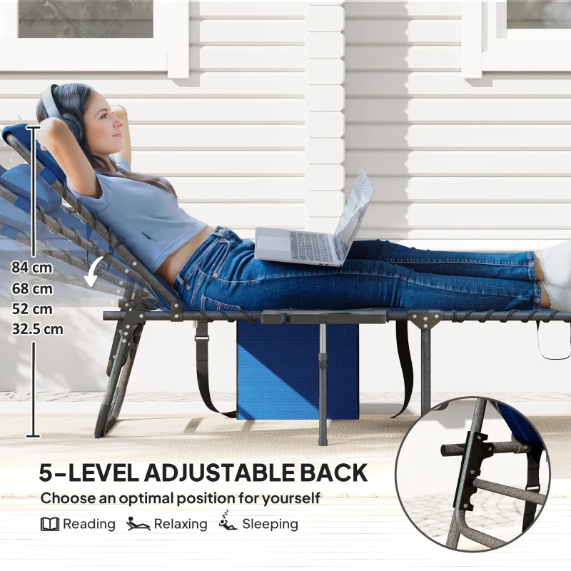 Outsunny Folding Outdoor Chaise Lounge Chair Tanning Chair with 4-Level Adjustable Back, Side Table, Pillow, Pocket, Dark Blue