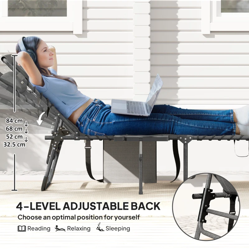 Outsunny Folding Outdoor Chaise Lounge Chair Tanning Chair with 4-Level Adjustable Back, Side Table, Pillow, Pocket, Gray