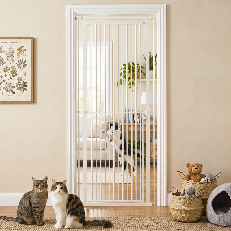 PawHut 44"-79" Extra Tall Pet Gate, Dog Gate with Two-Way Open, Narrow Bar Spacing, Pressure Mounted for Cats & Dogs, White
