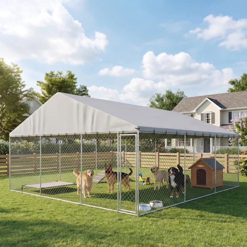 PawHut Heavy Duty Outdoor Dog Kennel with Waterproof Roof, Secure Latch, Chain Link Dog Run for Backyard, 19.7' x 19.7' x 8.9'