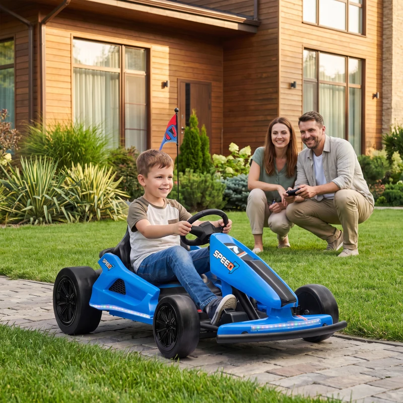 Qaba 24V Electric Drift Go Kart for Kids with Dual Motors, Soft Start, PU Wheels, Max 7.5MPH, for Ages 6-14, Blue