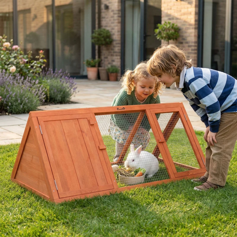 PawHut Rabbit Hutch, Wooden Guinea Pig Hutch with Run and Doors, Outdoor Triangle Bunny House for Rabbits,Duck and Chicken