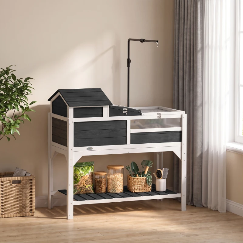 PawHut Tortoise Enclosure Tortoise House w/ Adjustable Lamp Holder, Storage Shelf, Removable Main House, Openable Lid, Gray