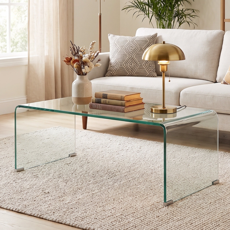 HOMCOM Glass Coffee Table, Clear Coffee Table for Living Room, Modern Rectangle Center Table with Safe Rounded Edges Clear