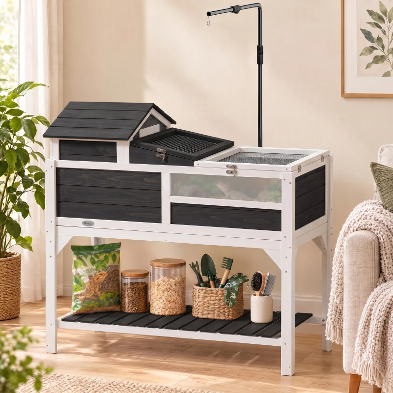 PawHut Tortoise Enclosure Tortoise House w/ Adjustable Lamp Holder, Storage Shelf, Removable Main House, Openable Lid, Gray