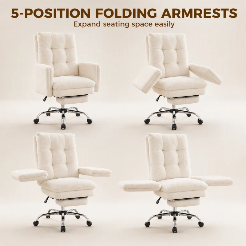 HOMCOM Office Chair, Teddy Fleece Executive Computer Desk Chair with Foldable Armrests, Wide Seat, Cream White