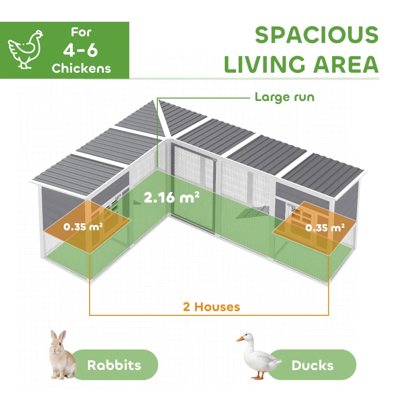 PawHut Chicken Coop with Run, L-Shaped Wooden Chicken House with 2 Houses, Outdoor Hen House with Waterproof Roof and Ramps