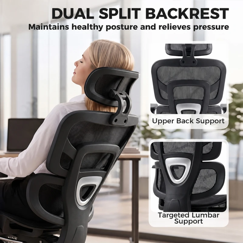 HOMCOM Ergonomic Office Chair with Lumbar Support, 2D Headrest, Mesh Reclining Desk Chair with Footrest, Swivel Wheels, Black