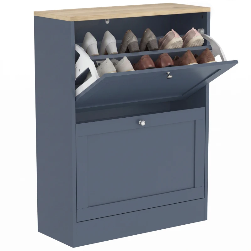 HOMCOM Slim Shoe Storage Cabinet, Modern Shoe Cabinet with 2 Flip Drawers and Adjustable Shelves for 8-12 Pairs, Blue