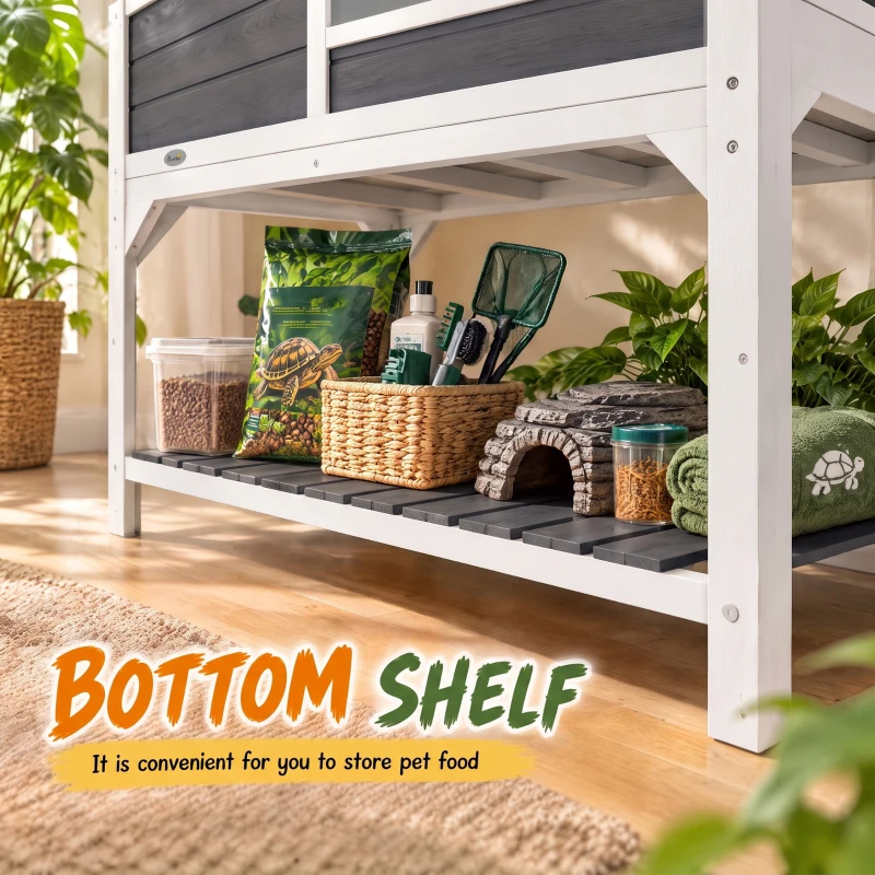 PawHut Tortoise Enclosure Tortoise House w/ Adjustable Lamp Holder, Storage Shelf, Removable Main House, Openable Lid, Gray