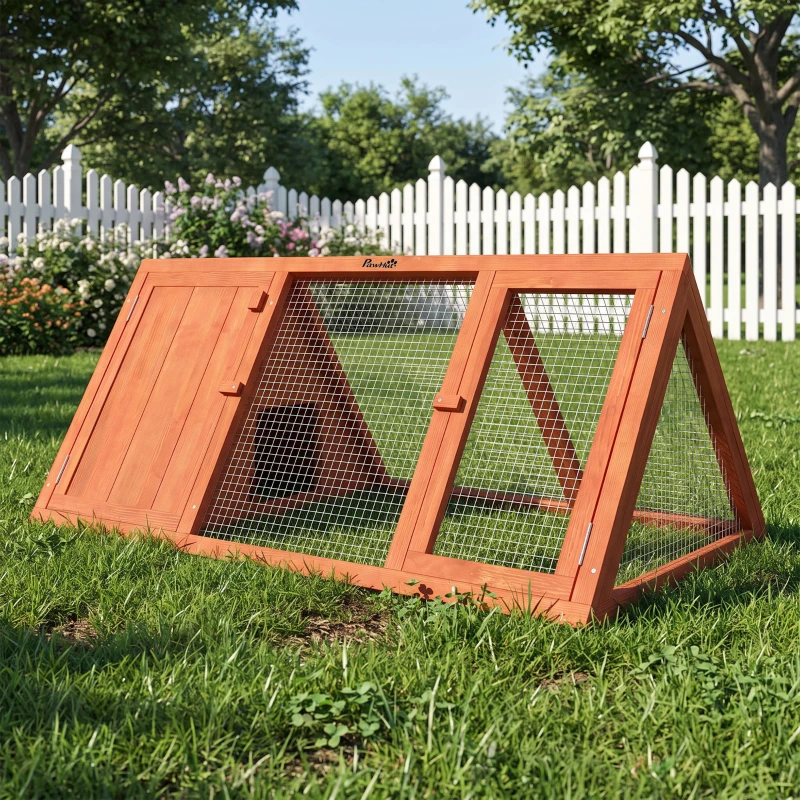 PawHut Rabbit Hutch, Wooden Guinea Pig Hutch with Run and Doors, Outdoor Triangle Bunny House for Rabbits,Duck and Chicken