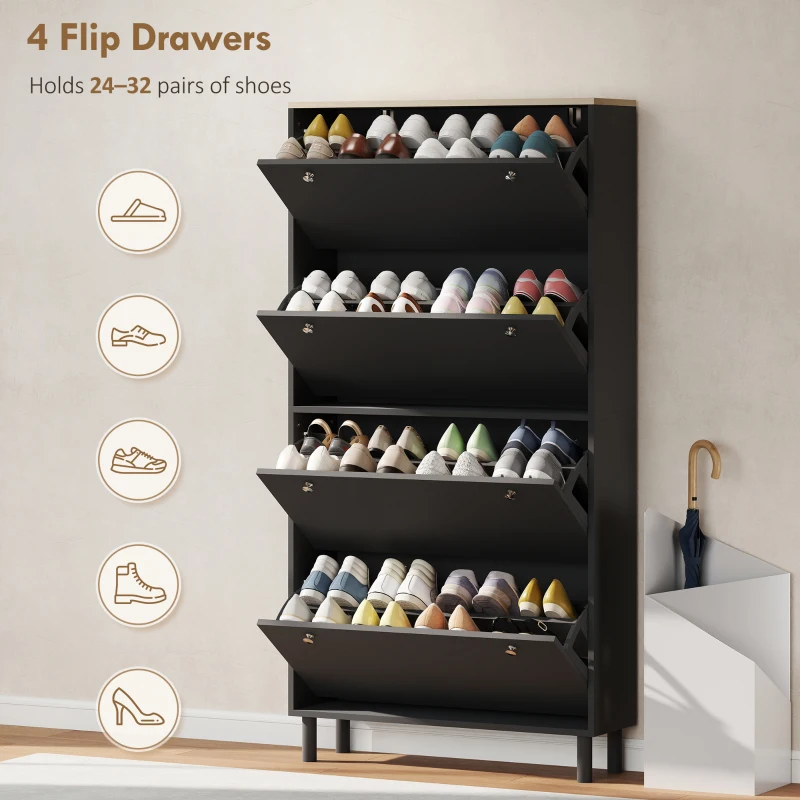 HOMCOM Narrow Shoe Cabinet with 4 Flip Drawers, Shoe Storage Cabinet with Adjustable Shelves, Holds 24–32 Pairs, Black