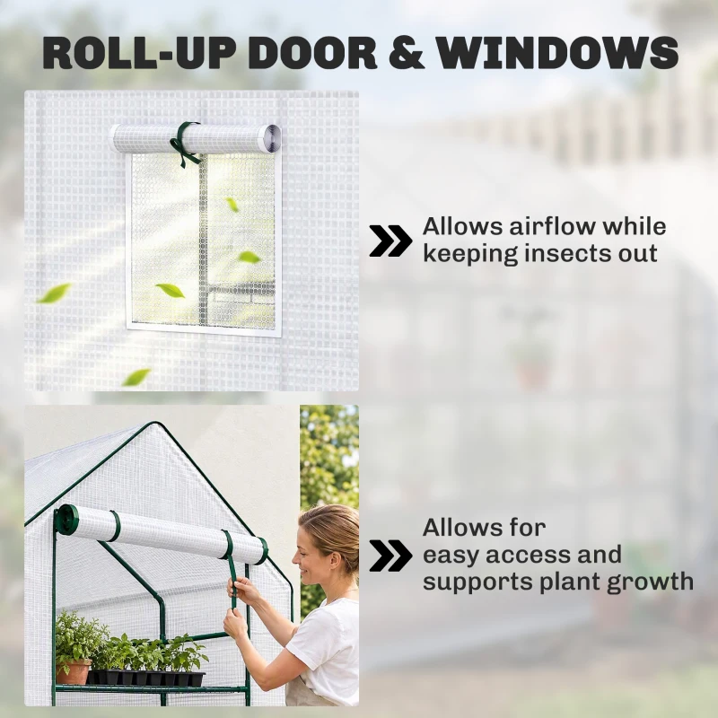 Outsunny Walk-in Greenhouse with 3 Tier, Garden Plant Growhouse with Roll-up Door and Mesh Windows, 140 x 213 x 190 cm, White