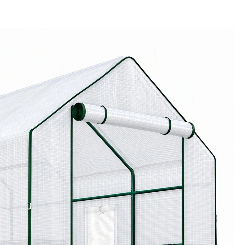 Outsunny Walk-in Greenhouse with 3 Tier, Garden Plant Growhouse with Roll-up Door and Mesh Windows, 140 x 213 x 190 cm, White
