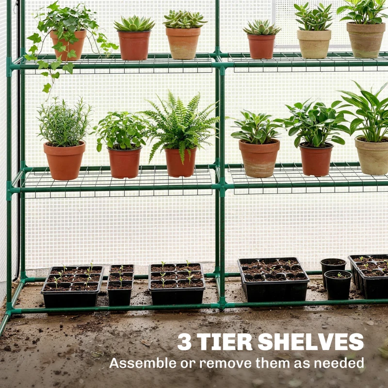 Outsunny Walk-in Greenhouse with 3 Tier, Garden Plant Growhouse with Roll-up Door and Mesh Windows, 140 x 213 x 190 cm, White