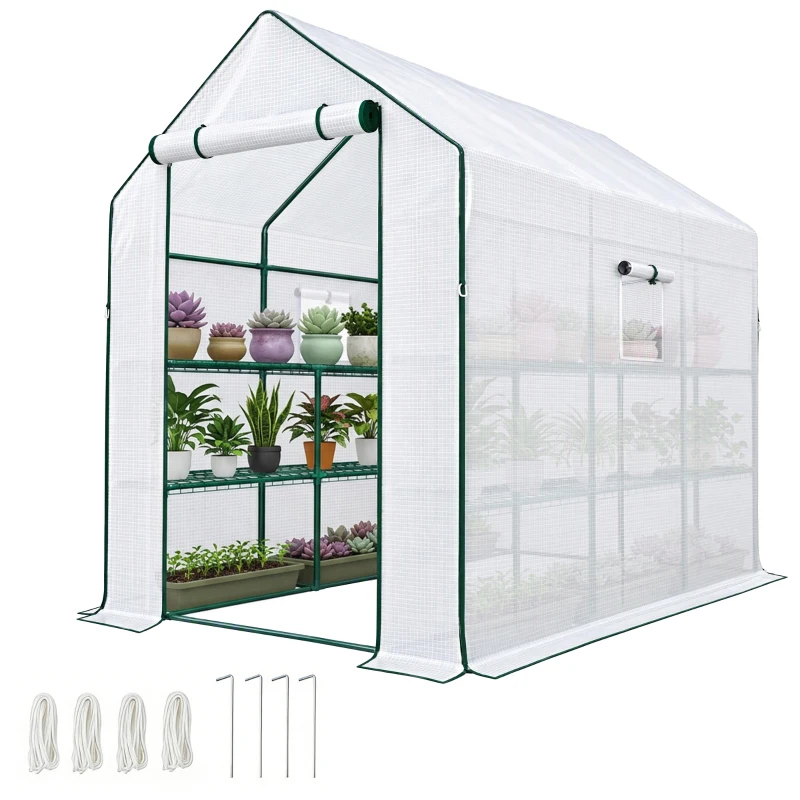 Outsunny Walk-in Greenhouse with 3 Tier, Garden Plant Growhouse with Roll-up Door and Mesh Windows, 140 x 213 x 190 cm, White