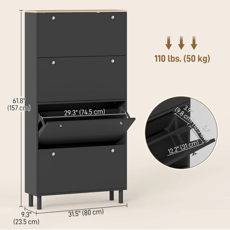HOMCOM Narrow Shoe Cabinet with 4 Flip Drawers, Shoe Storage Cabinet with Adjustable Shelves, Holds 24–32 Pairs, Black