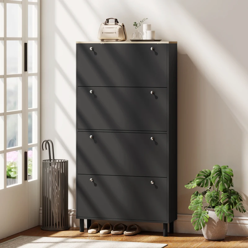 HOMCOM Narrow Shoe Cabinet with 4 Flip Drawers, Shoe Storage Cabinet with Adjustable Shelves, Holds 24–32 Pairs, Black