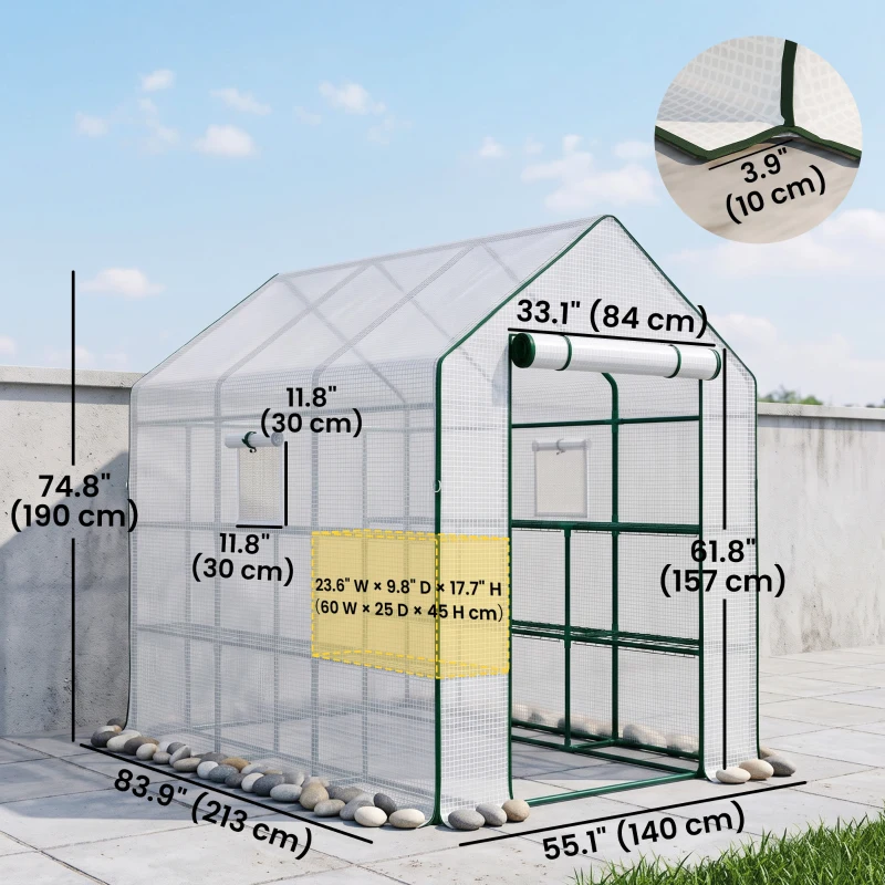 Outsunny Walk-in Greenhouse with 3 Tier, Garden Plant Growhouse with Roll-up Door and Mesh Windows, 140 x 213 x 190 cm, White