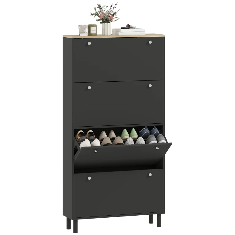 HOMCOM Narrow Shoe Cabinet with 4 Flip Drawers, Shoe Storage Cabinet with Adjustable Shelves, Holds 24–32 Pairs, Black