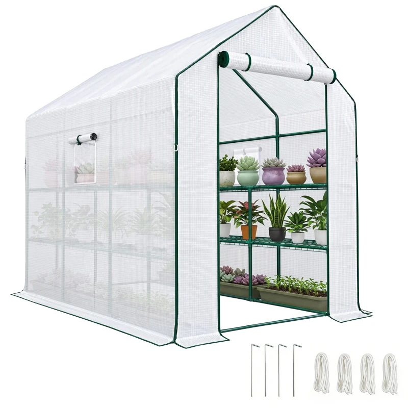 Outsunny Walk-in Greenhouse with 3 Tier, Garden Plant Growhouse with Roll-up Door and Mesh Windows, 140 x 213 x 190 cm, White