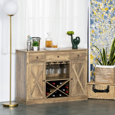 HOMCOM Farmhouse Sideboard Buffet Table Storage Cabinet with 3 Drawers, X-Shaped Wine Rack, Steamware Holder and Cabinets