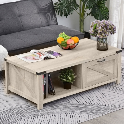 HOMCOM Industrial Coffee Table Side End Table with Drawer, Open Storage Shelf, Modern Farmhouse Furniture, for Living Room, Dining Room, Office, White Oak