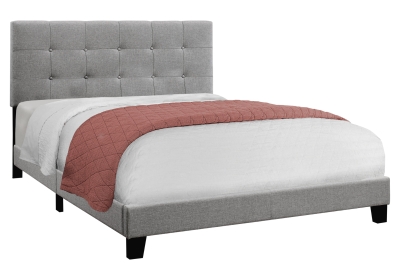 Monarch Queen Size Contemporary Upholstered Bed Frame with Tufted Headboard and Wood Legs - Grey Linen Look