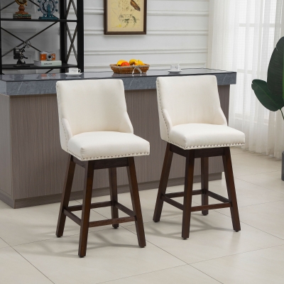 HOMCOM Swivel Bar stool Set of 2 Armless Upholstered Bar Chairs with Nailhead-Trim, Wood Legs, White