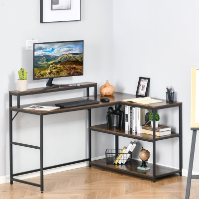 HOMCOM L-Shaped Computer Desk Home Office Corner Desk Study Workstation Table with Storage Shelves Cable Grommet, Rustic Brown