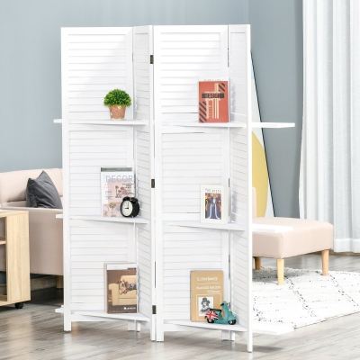 HOMCOM 4-Panel Wood Room Divider, 67'' Tall Folding Privacy Screen Panels with 3 Shelves for Indoor Bedroom Office, Blinds Style, White