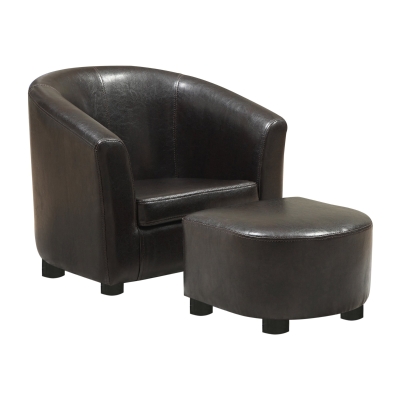 Monarch Kids' Upholstered Leather-Look Barrel Club Chair with Matching Ottoman - Dark Brown