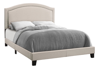 Monarch Queen Size Contemporary Upholstered Bed Frame with Brass Nail Head Trim and Wood Legs - Beige Linen Look